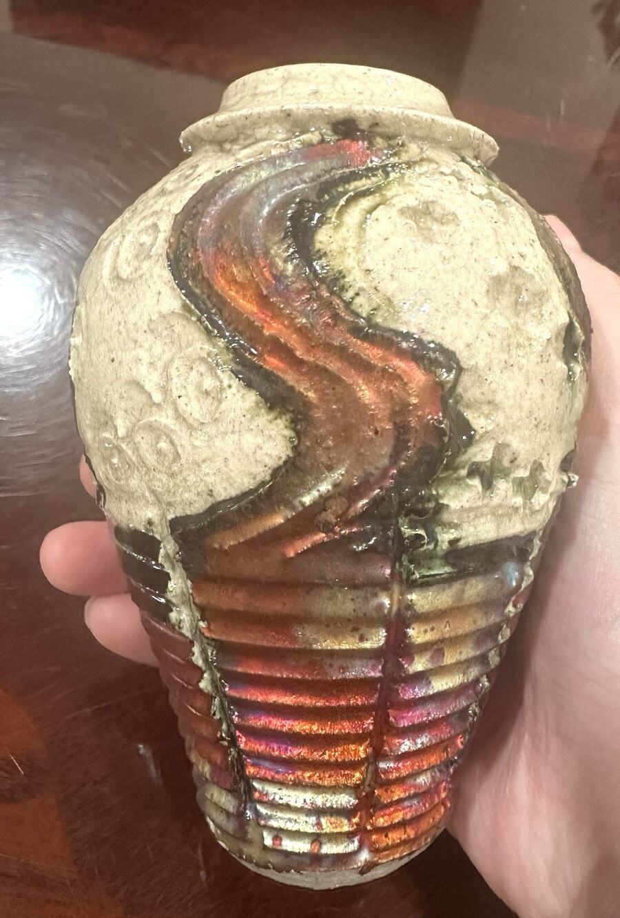 Rare Unique Bruce O'Dell Studio Art Pottery Raku Vase Iridescent Crackle Glaze